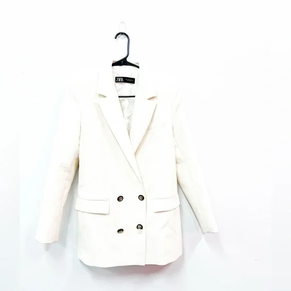 Zara Cream Double Breasted Blazer with Black/Gold Button Detail Sz M - Picture 6 of 7
